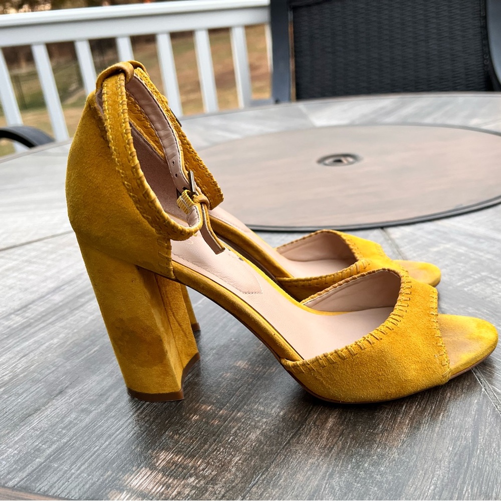 Aldo Mustard Yellow Suede Block Heel Sandals